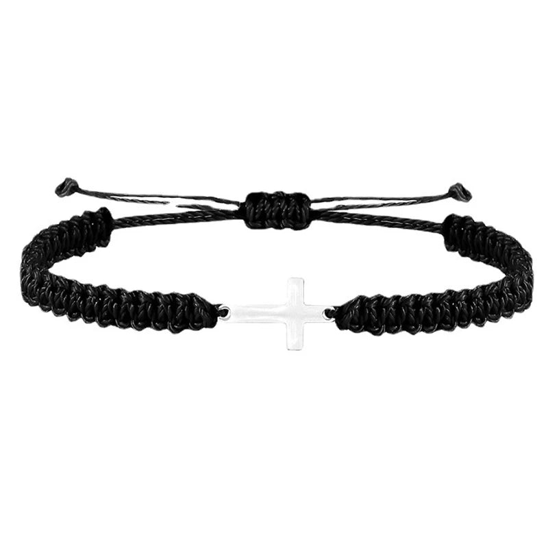 Simple Cross Black White Braided Rope Couple Bracelets