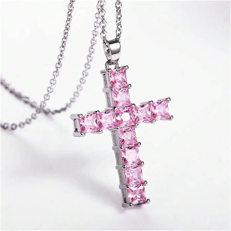 Multi-Color Crystal Jesus Cross Pendant Necklace – Fashion Jewelry for Women