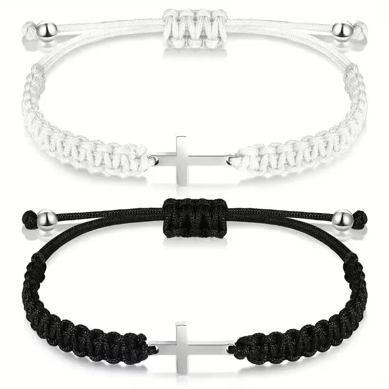 Simple Cross Black White Braided Rope Couple Bracelets