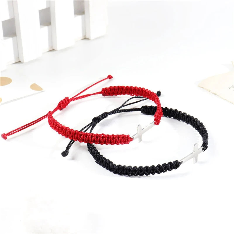 Simple Cross Black White Braided Rope Couple Bracelets