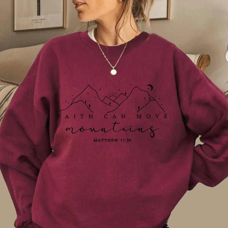 Faith Can Move Mountains Cotton Sweatshirt Bible Verse Crewneck
