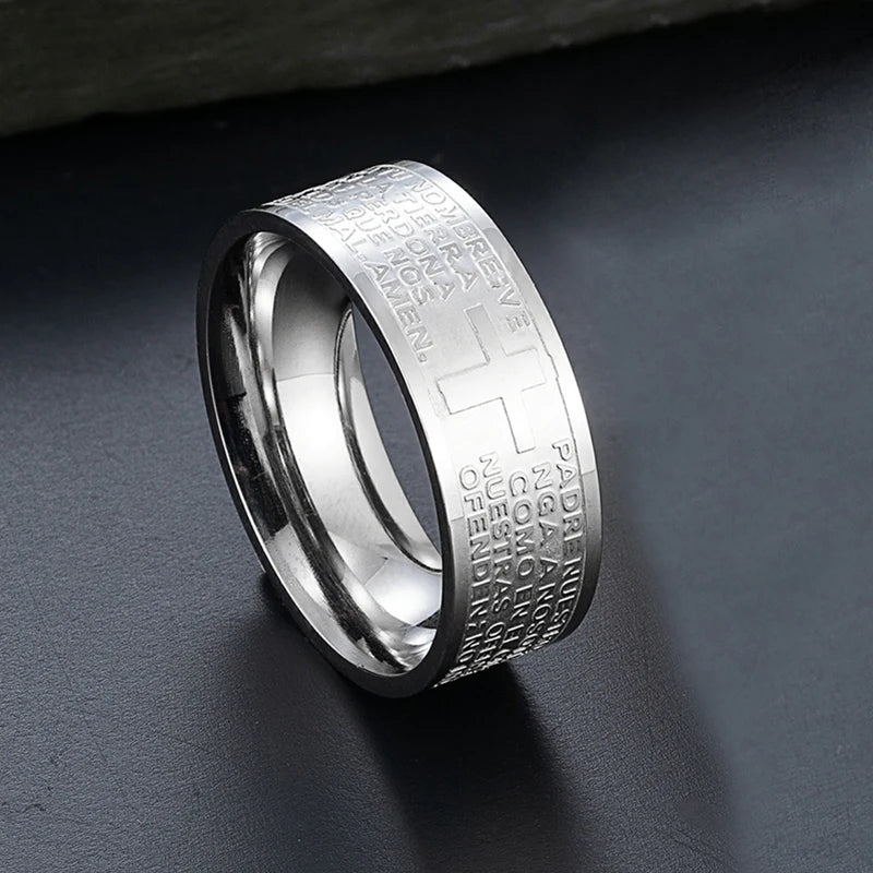 Cross Bible Verse Engraved Stainless Steel Ring Christian Gift