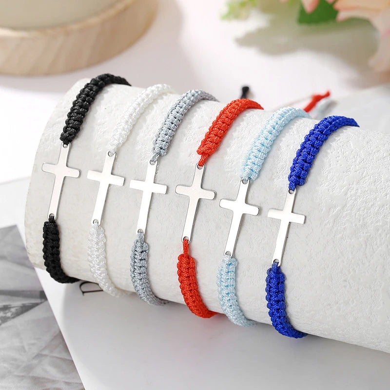 Simple Cross Black White Braided Rope Couple Bracelets