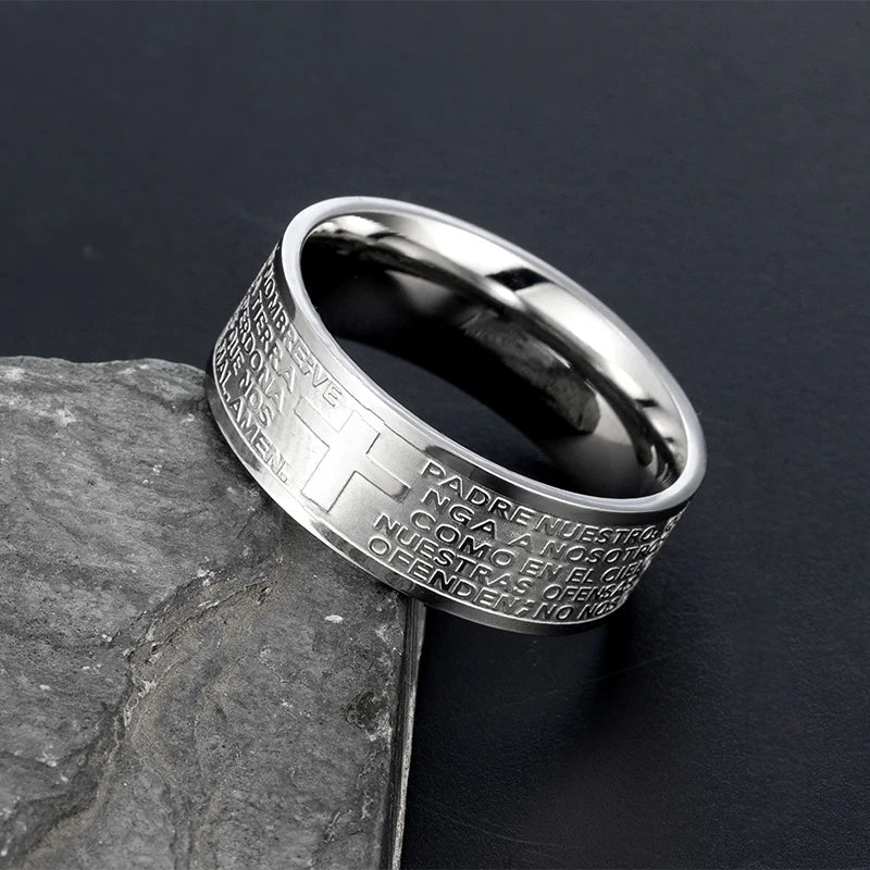 Cross Bible Verse Engraved Stainless Steel Ring Christian Gift