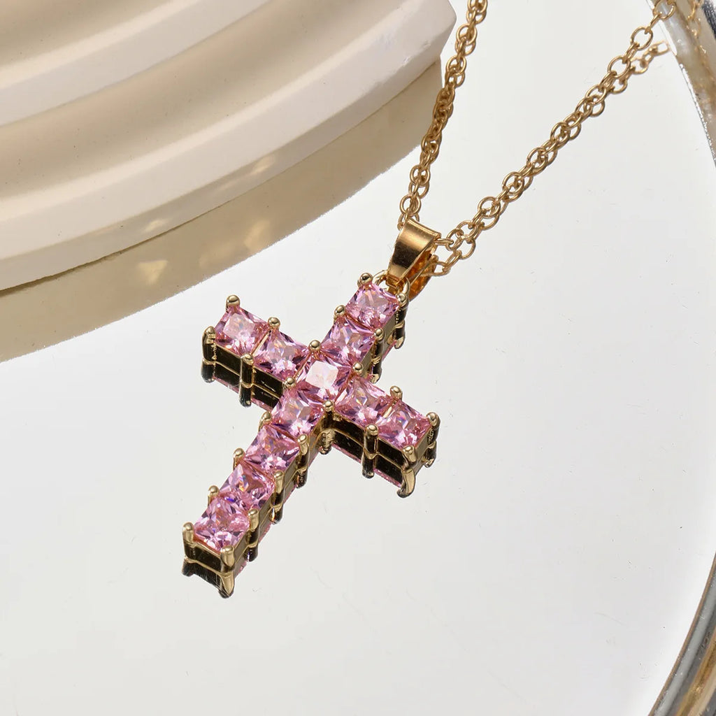 Multi-Color Crystal Jesus Cross Pendant Necklace – Fashion Jewelry for Women