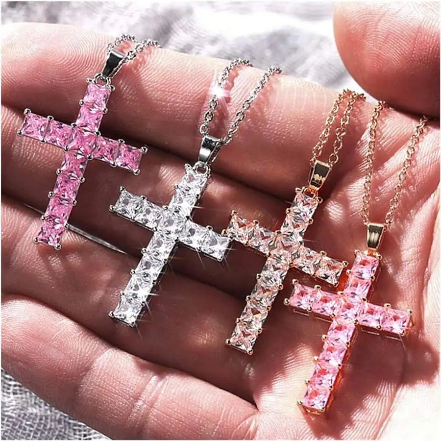 Multi-Color Crystal Jesus Cross Pendant Necklace – Fashion Jewelry for Women