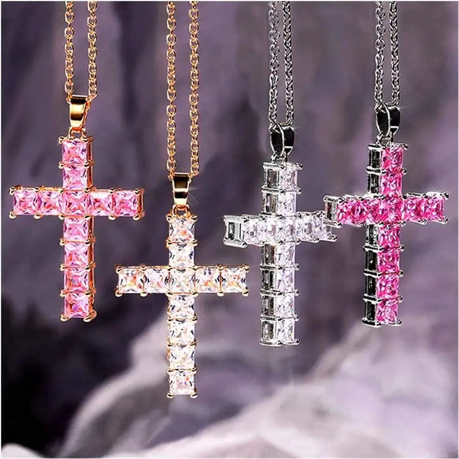 Multi-Color Crystal Jesus Cross Pendant Necklace – Fashion Jewelry for Women