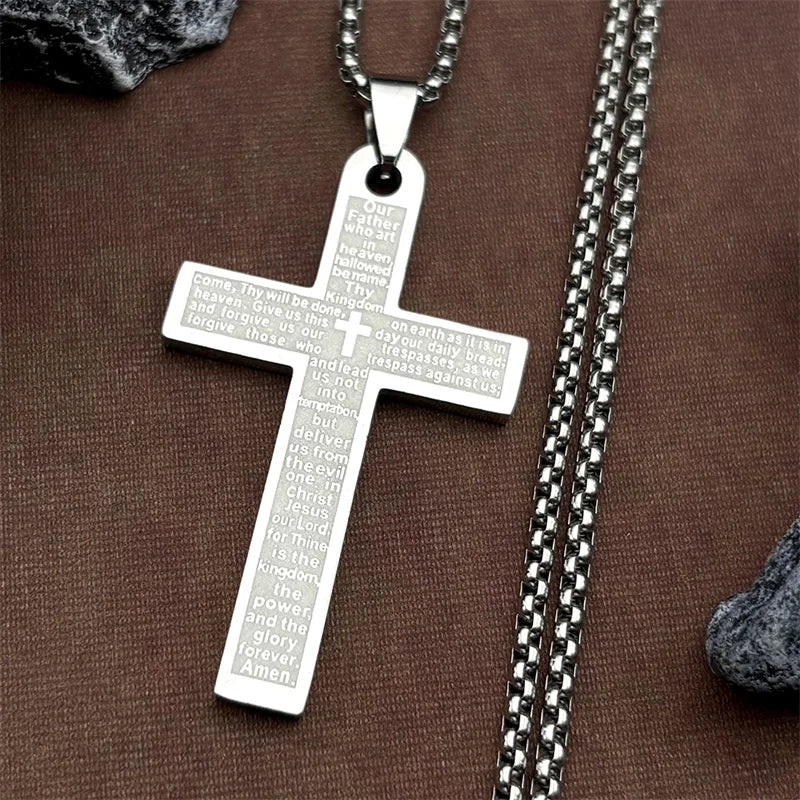 Christian Bible Cross Pendant Necklace – Stainless Steel Jewelry for Men & Women