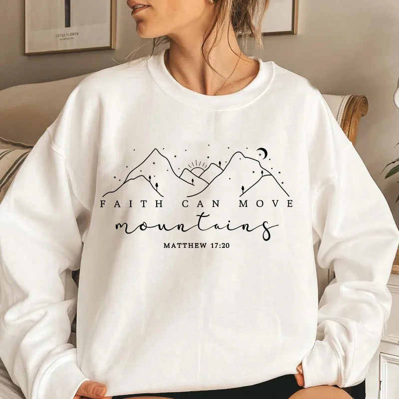 Faith Can Move Mountains Cotton Sweatshirt Bible Verse Crewneck